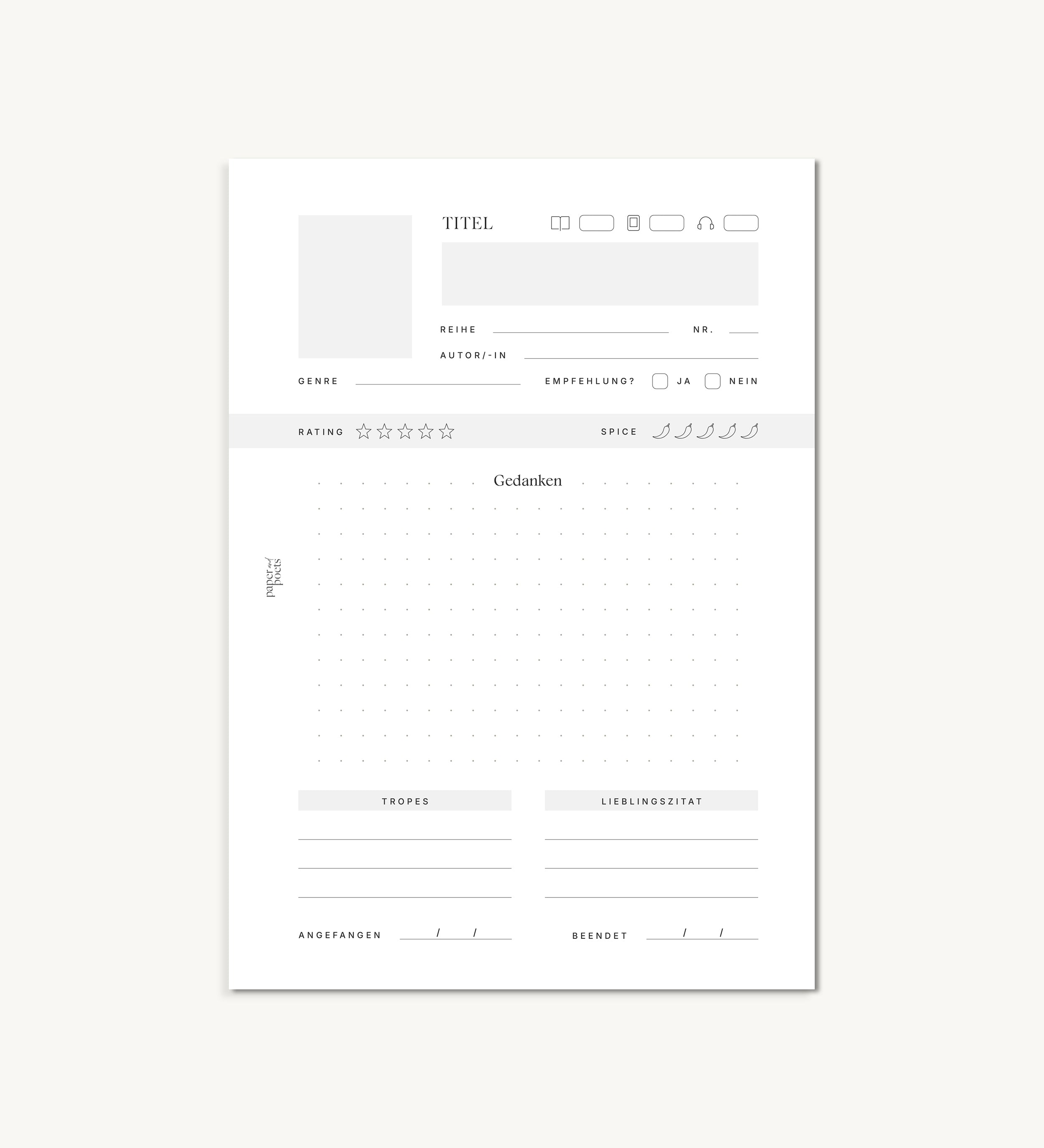 Einseitige Rezension mit Cover – Einlegeblatt
