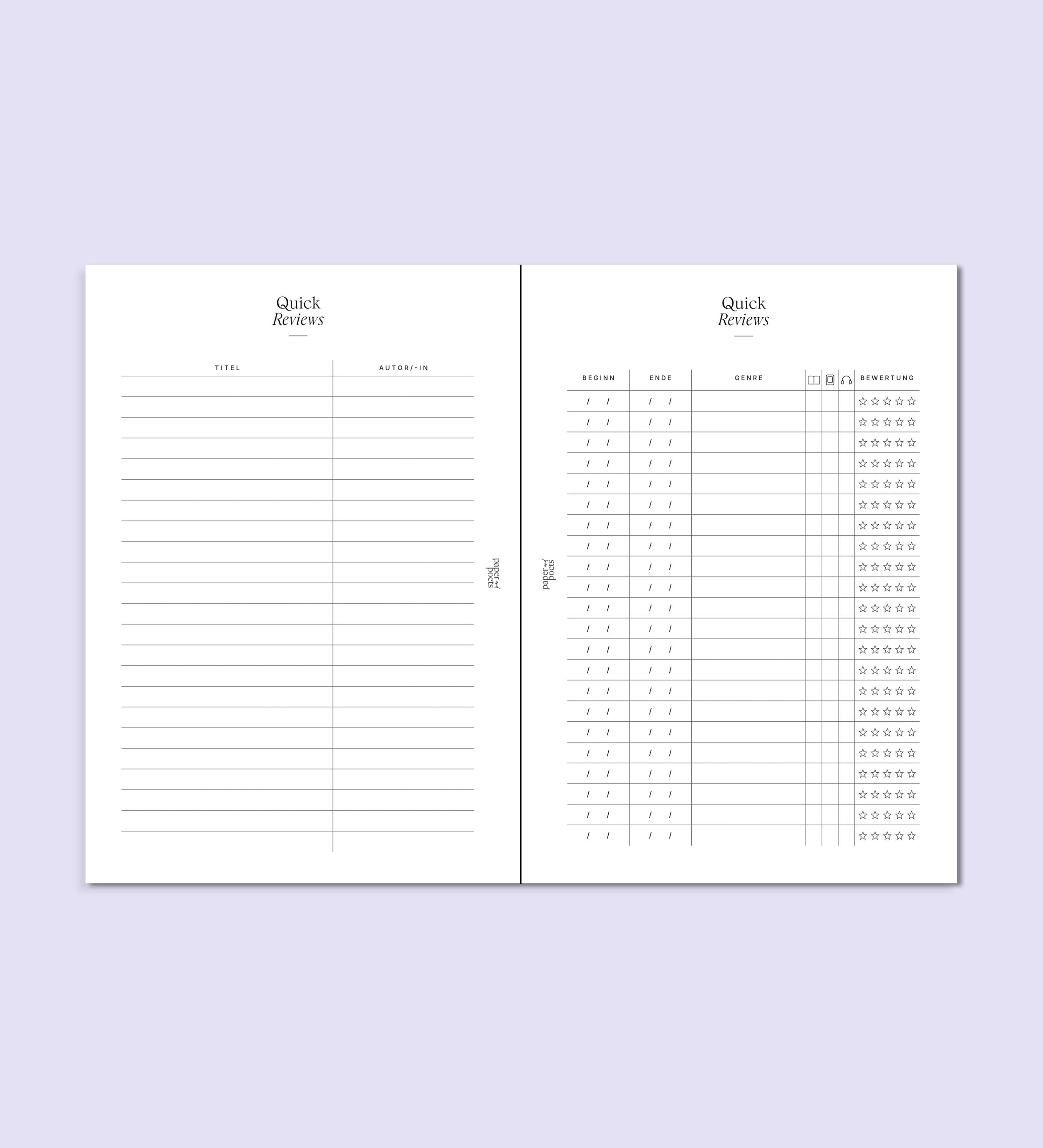 Quickreviews – Einlegeblätter "Built Your Own Bookjournal"